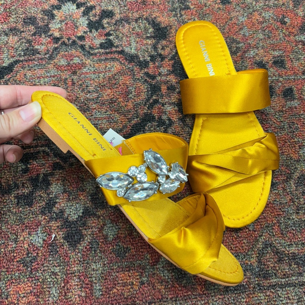 Gianni Bini Yellow Satin Sandals with Jewel Detail